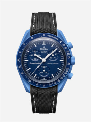 Black stitch rubber strap for Omega x Swatch MoonSwatch Mission to Neptune. 
