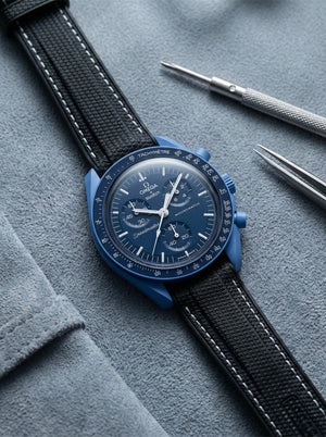Black stitch rubber strap for Omega x Swatch MoonSwatch Mission to Neptune. 