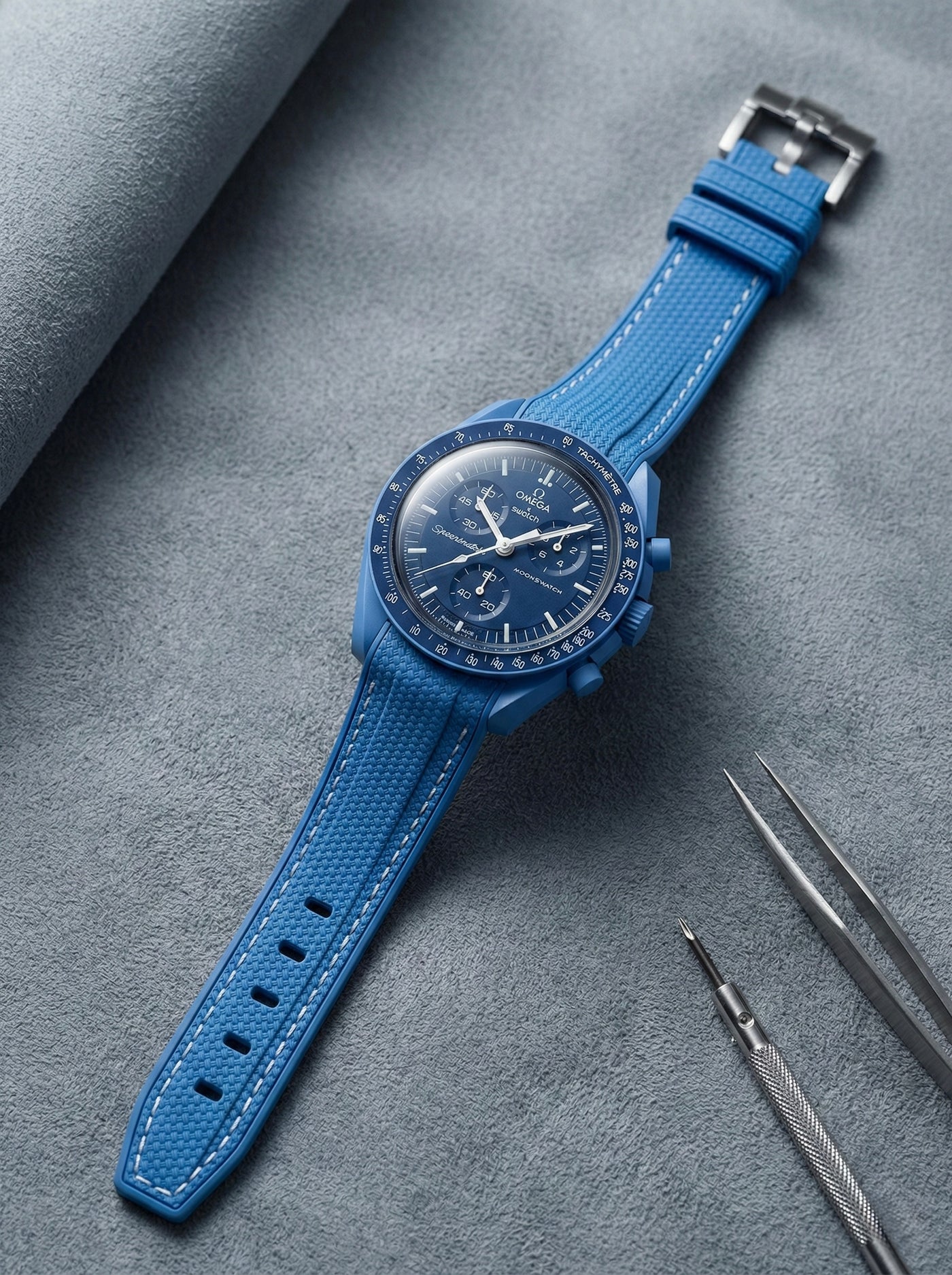 Blue stitch rubber strap for Omega x Swatch MoonSwatch Mission to Neptune. 