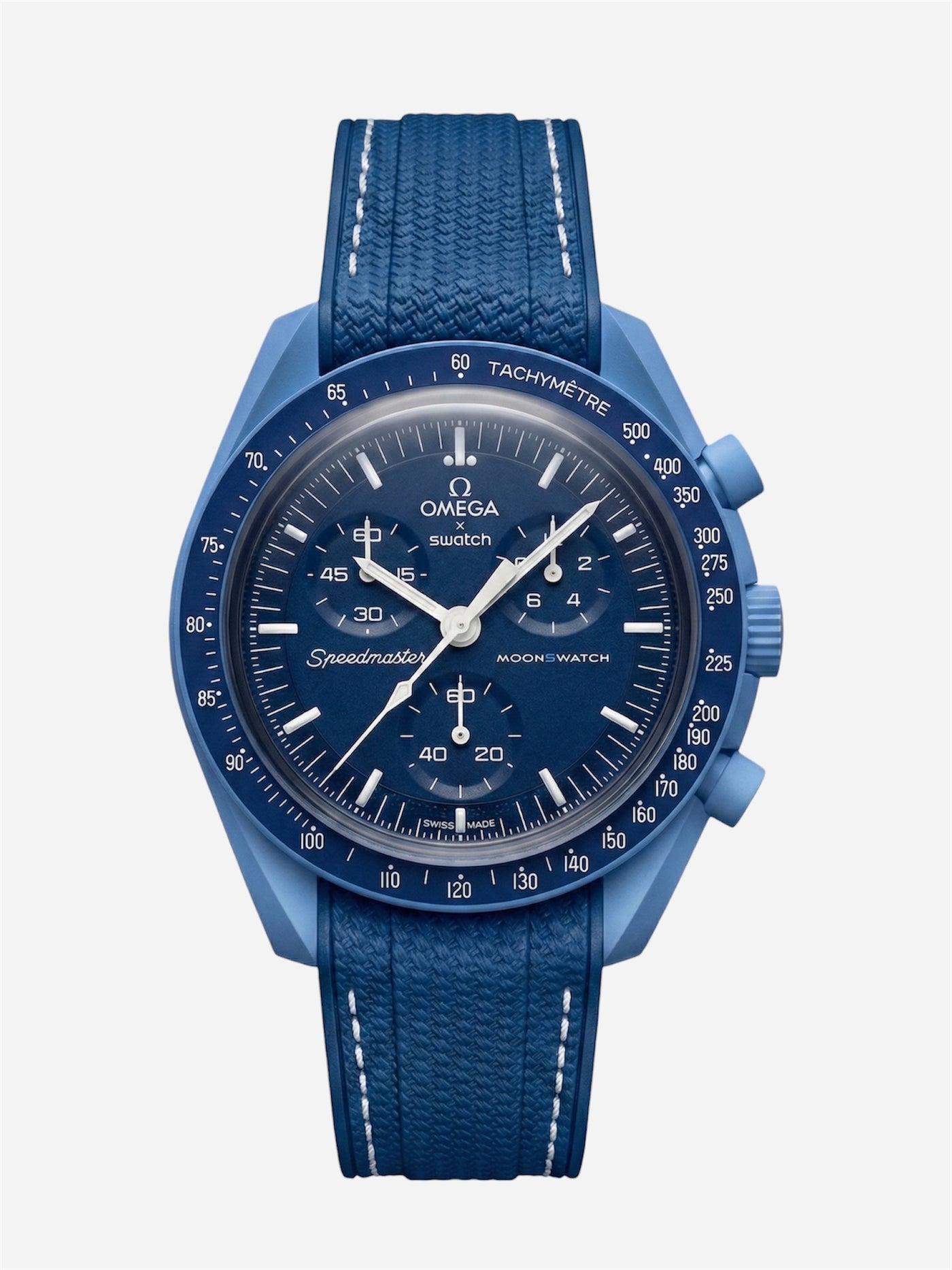 Blue stitch rubber strap for Omega x Swatch MoonSwatch Mission to Neptune. 