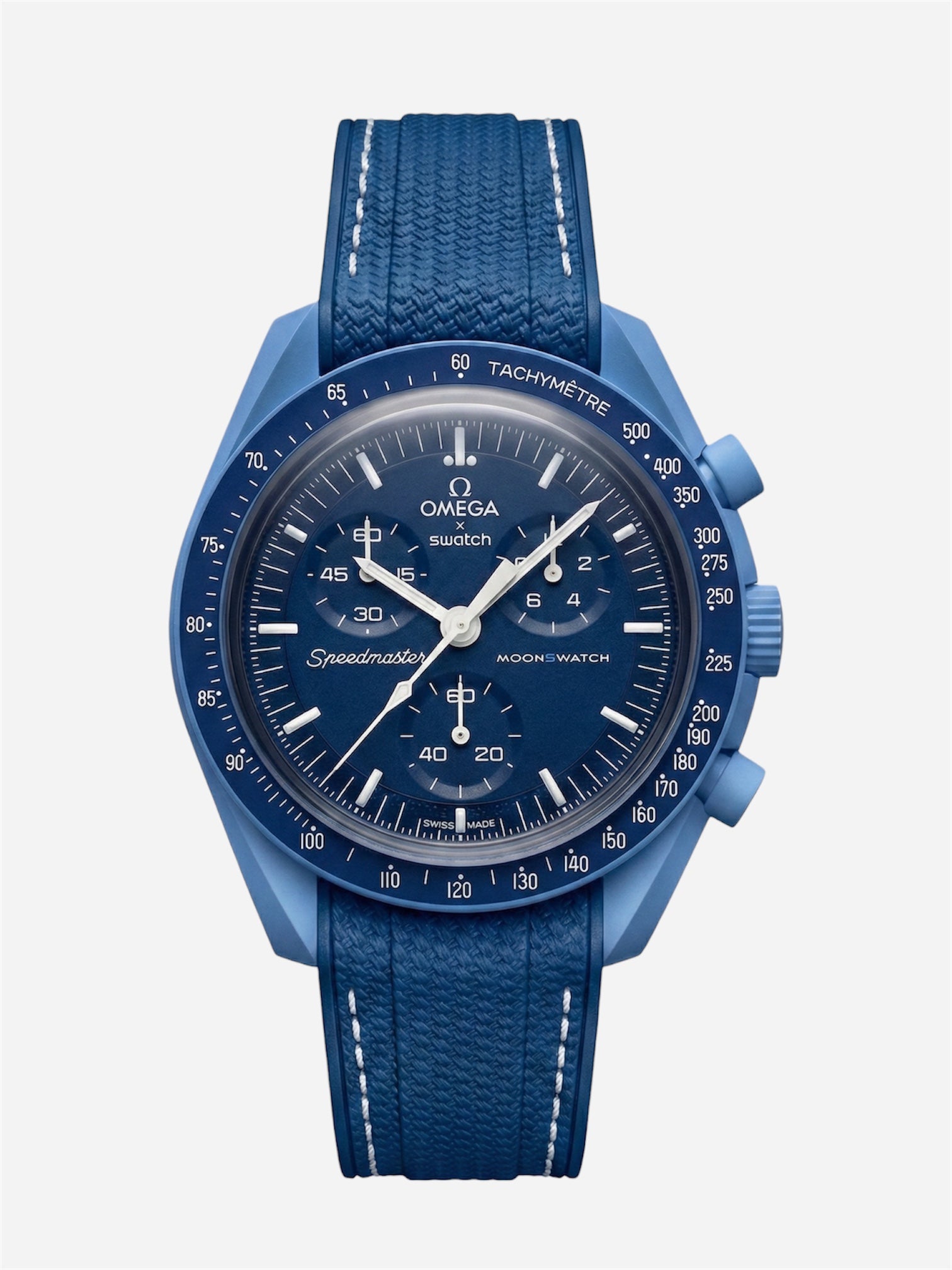 Blue stitch rubber strap for Omega x Swatch MoonSwatch Mission to Neptune. 