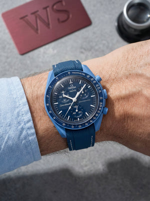 Black stitch rubber strap for Omega x Swatch MoonSwatch Mission to Neptune. 