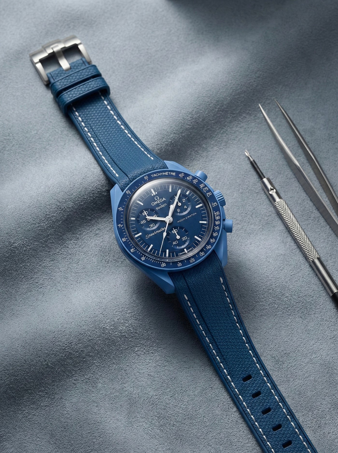 Black stitch rubber strap for Omega x Swatch MoonSwatch Mission to Neptune. 